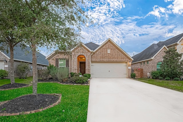 view of front of home with a front lawn, brick siding, an attached garage, and driveway