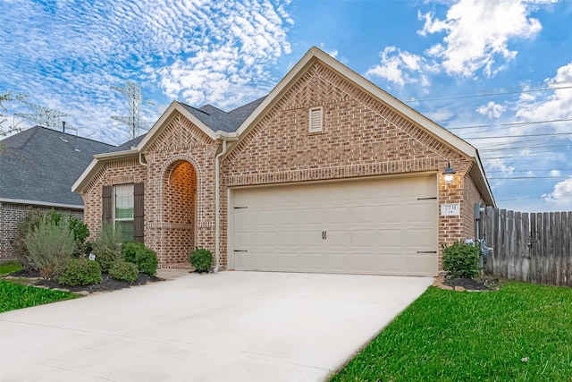 view of front facade with brick siding, an attached garage, concrete driveway, and fence