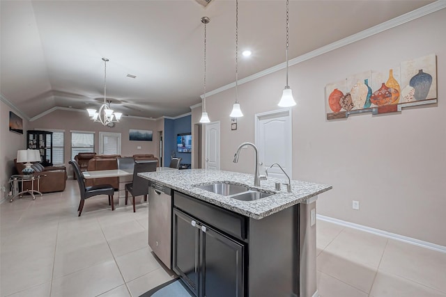 kitchen with light tile patterned floors, a sink, vaulted ceiling, dishwasher, and crown molding