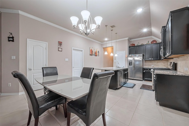 dining room featuring visible vents, lofted ceiling, light tile patterned flooring, crown molding, and a notable chandelier