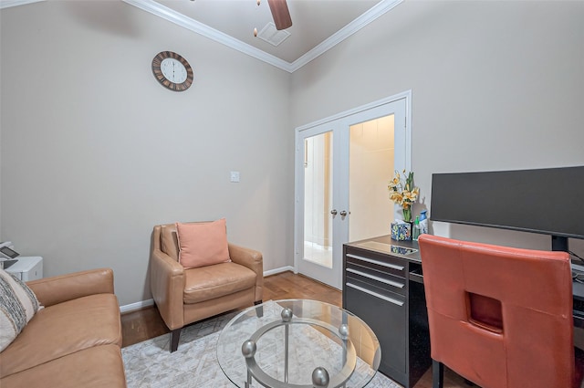 office area featuring french doors, baseboards, wood finished floors, and crown molding