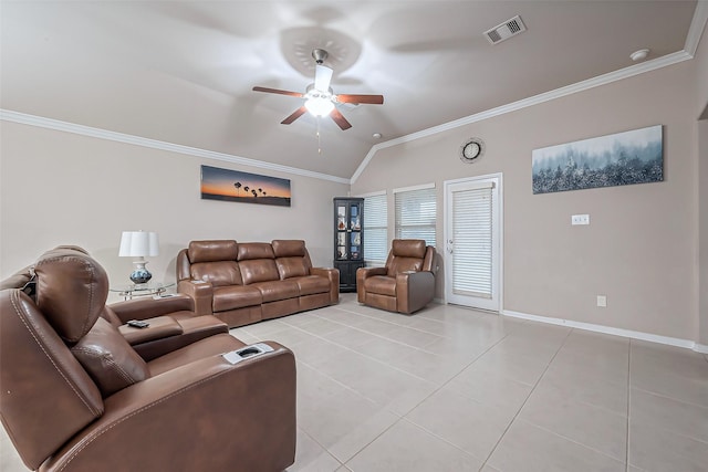 living area featuring visible vents, crown molding, light tile patterned floors, baseboards, and vaulted ceiling