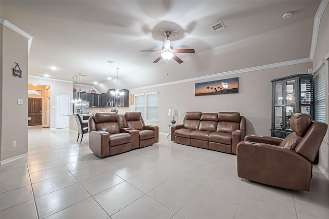 living room with light tile patterned floors, baseboards, visible vents, vaulted ceiling, and crown molding