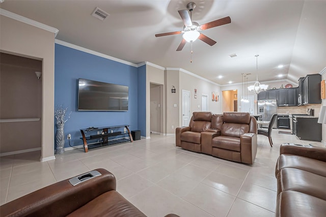 living area with light tile patterned flooring, visible vents, and ornamental molding