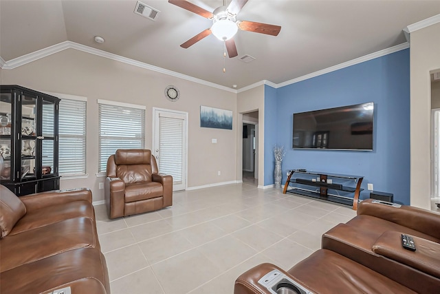 living room featuring light tile patterned floors, visible vents, ornamental molding, and a ceiling fan