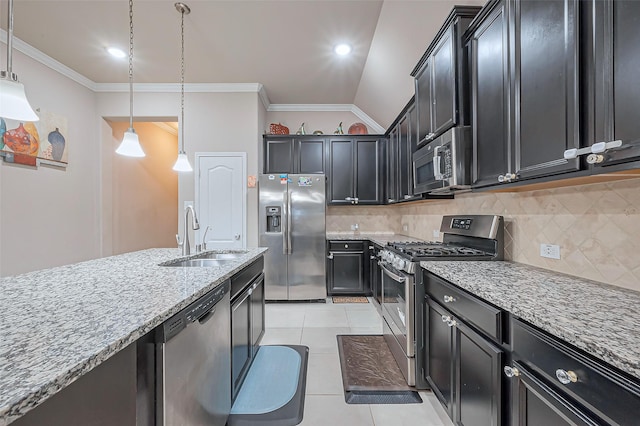 kitchen featuring a sink, stainless steel appliances, backsplash, and crown molding