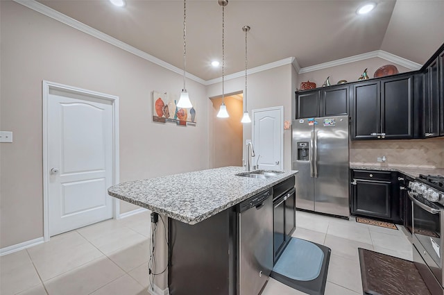 kitchen with a sink, light stone counters, light tile patterned floors, and stainless steel appliances