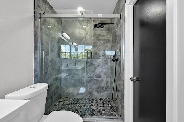 full bathroom with toilet and a stall shower