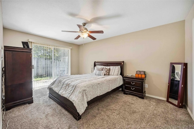 bedroom featuring baseboards, carpet floors, ceiling fan, and access to outside