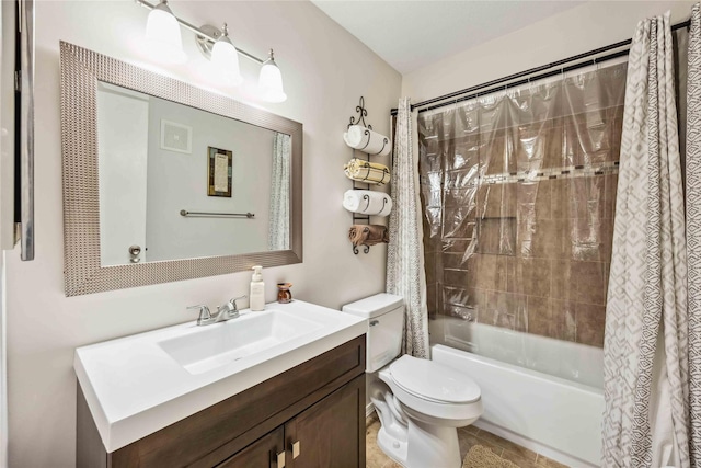 bathroom with vanity, toilet, and shower / tub combo with curtain