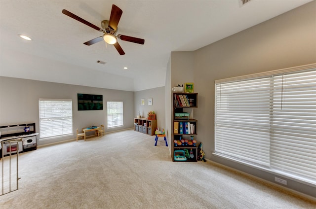 playroom featuring visible vents, recessed lighting, carpet flooring, and lofted ceiling