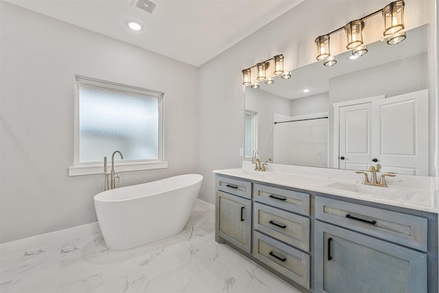 full bathroom with visible vents, baseboards, a soaking tub, marble finish floor, and a sink