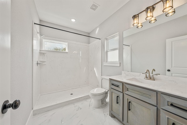 full bathroom featuring a marble finish shower, visible vents, toilet, and a healthy amount of sunlight