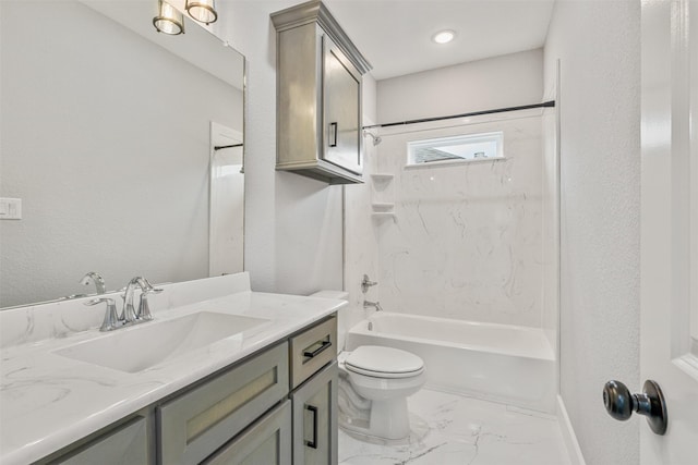 full bathroom with toilet, marble finish floor, shower / bathing tub combination, vanity, and a textured wall