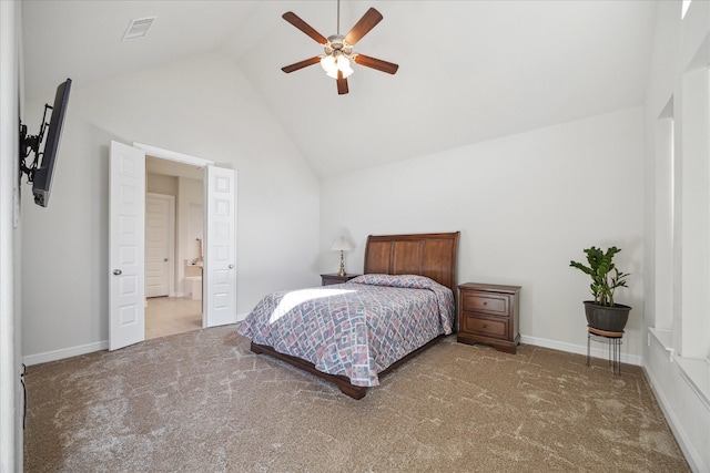 carpeted bedroom with visible vents, connected bathroom, baseboards, high vaulted ceiling, and a ceiling fan