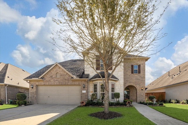 traditional-style house featuring brick siding, an attached garage, concrete driveway, and a front yard