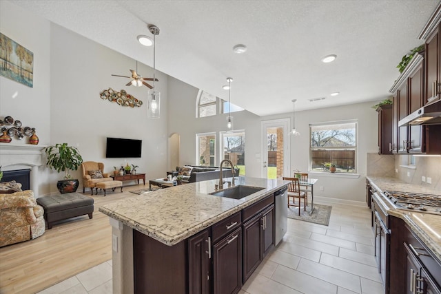 kitchen with a sink, open floor plan, dark brown cabinetry, appliances with stainless steel finishes, and a fireplace