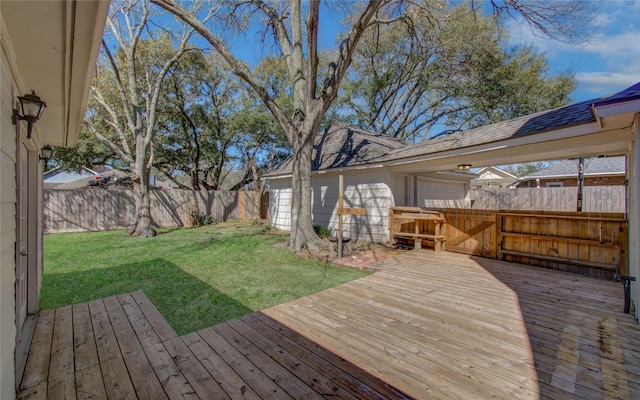 wooden deck with a lawn and a fenced backyard