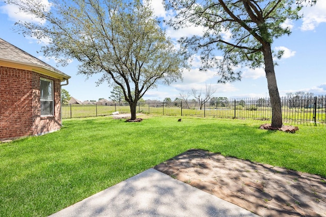 view of yard with a patio, a rural view, and a fenced backyard