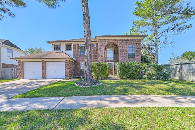 view of front of home featuring brick siding, concrete driveway, an attached garage, and fence