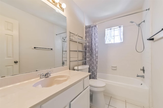 full bath with tile patterned floors, toilet, shower / bath combo, and vanity