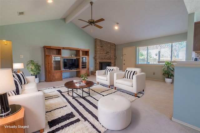 carpeted living area featuring baseboards, visible vents, high vaulted ceiling, beam ceiling, and a brick fireplace