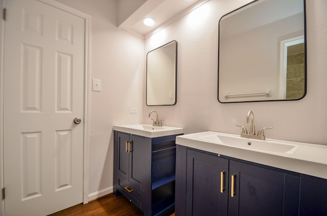 bathroom with two vanities, wood finished floors, baseboards, and a sink