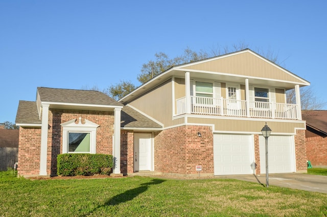 view of front of home with a front yard, a balcony, roof with shingles, concrete driveway, and brick siding