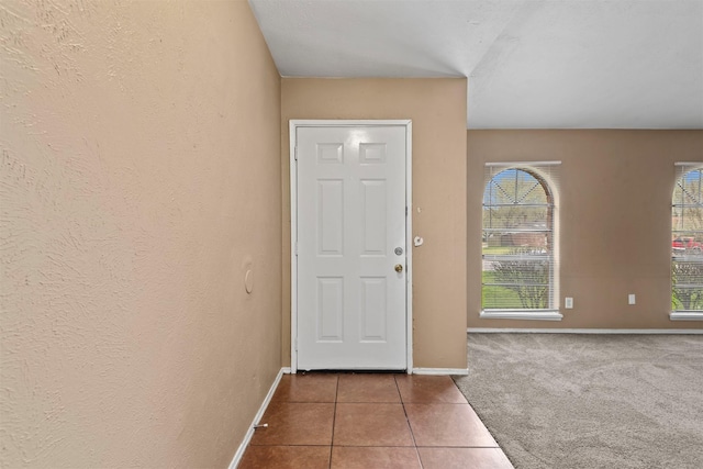 carpeted foyer featuring a textured wall, baseboards, a healthy amount of sunlight, and tile patterned flooring