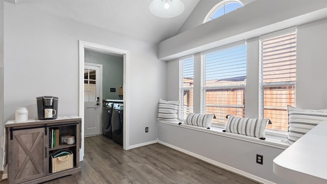 interior space featuring washing machine and dryer, wood finished floors, baseboards, and vaulted ceiling