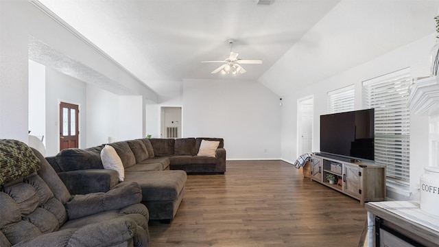 living room featuring ceiling fan, baseboards, lofted ceiling, and dark wood-style floors