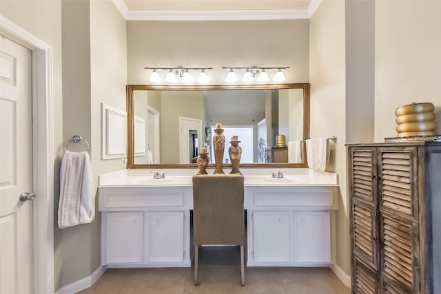 bathroom featuring tile patterned floors, vanity, and ornamental molding