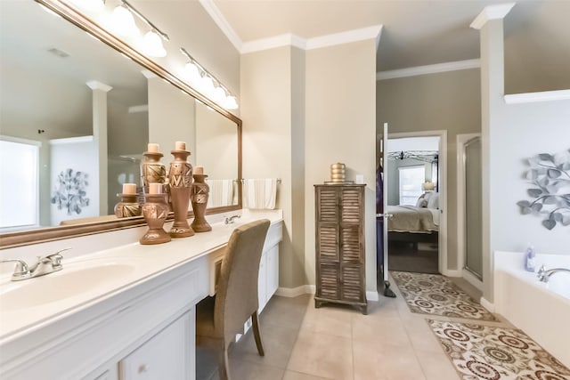 full bath featuring tile patterned floors, ornamental molding, a sink, double vanity, and a bath