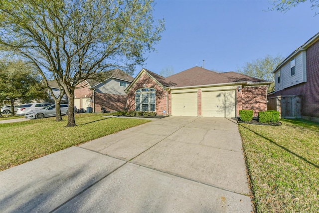 view of front of property with brick siding, concrete driveway, and a front lawn