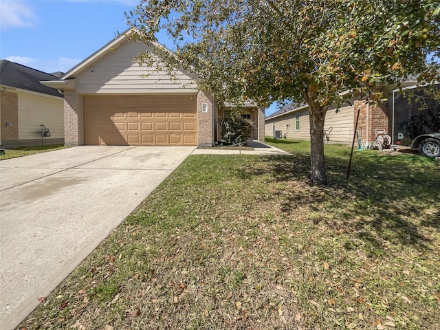 view of front facade featuring driveway, brick siding, an attached garage, and a front lawn