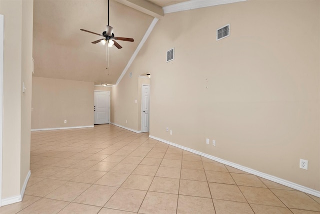 empty room with visible vents, beam ceiling, high vaulted ceiling, and a ceiling fan