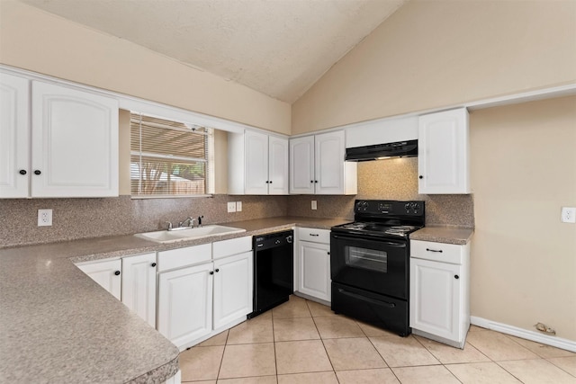 kitchen with black appliances, white cabinets, under cabinet range hood, and a sink