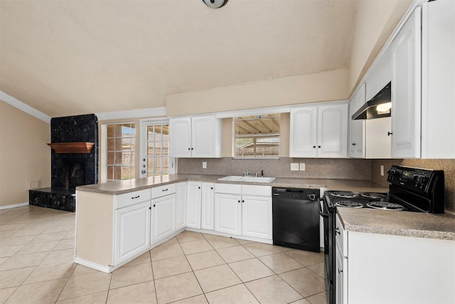 kitchen with under cabinet range hood, light tile patterned floors, a peninsula, black appliances, and a sink