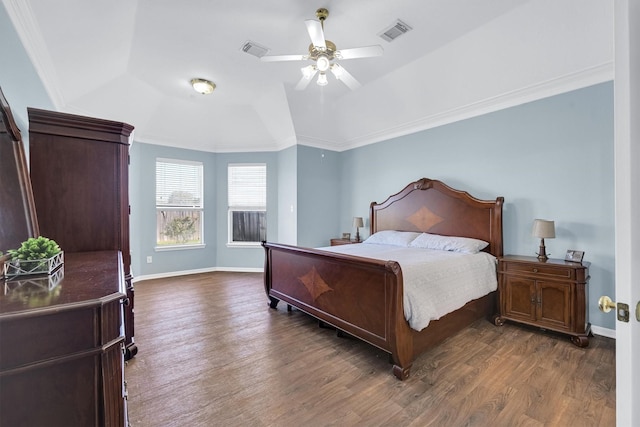 bedroom featuring visible vents, baseboards, ornamental molding, and dark wood-style flooring