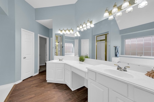 bathroom featuring double vanity, wood finished floors, and a sink