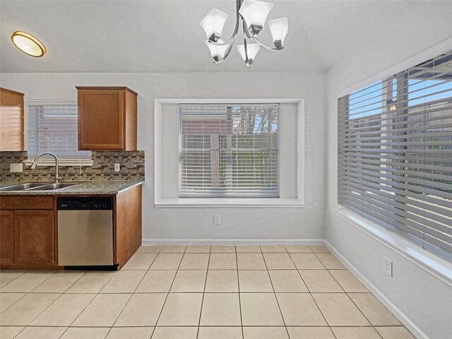 kitchen featuring brown cabinets, a sink, plenty of natural light, backsplash, and stainless steel dishwasher