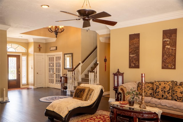 living room with stairway, baseboards, dark wood-style flooring, and ornamental molding