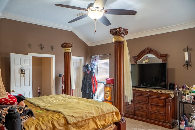 bedroom featuring light carpet, lofted ceiling, ornamental molding, and ornate columns