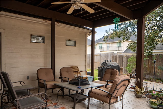 view of patio / terrace featuring an outdoor hangout area, a grill, ceiling fan, and fence