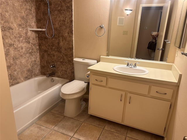 bathroom featuring tile patterned flooring, visible vents, toilet, vanity, and  shower combination