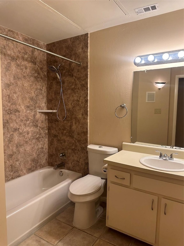 full bathroom with visible vents, toilet, shower / bath combination, tile patterned floors, and vanity