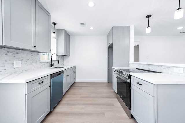 kitchen with backsplash, dishwasher, light wood-type flooring, electric range, and a sink