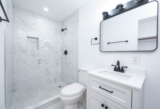 full bathroom with recessed lighting, toilet, a stall shower, and vanity