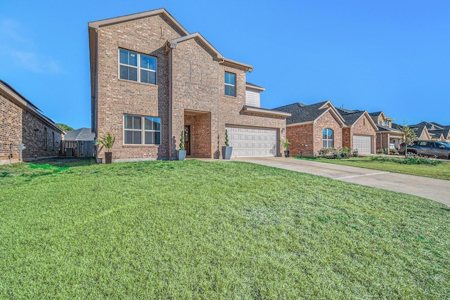 traditional-style home with brick siding, an attached garage, driveway, and a front lawn