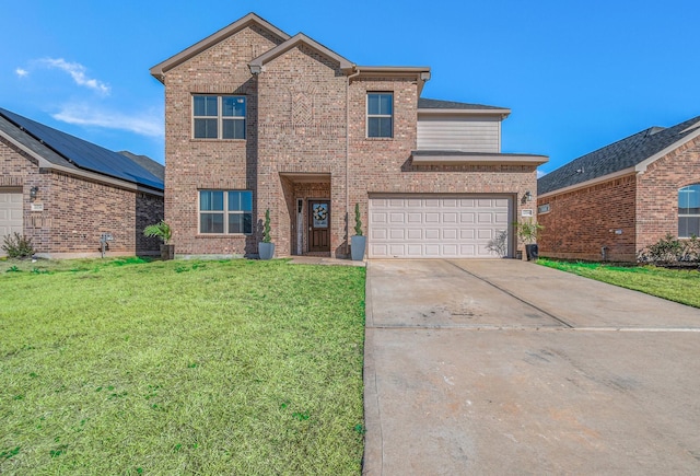 traditional-style home featuring brick siding, a garage, concrete driveway, and a front yard